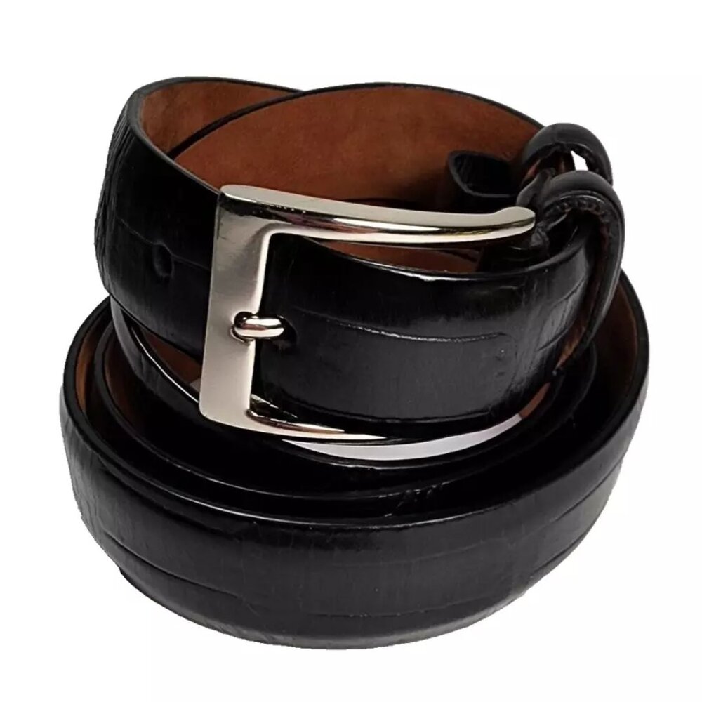 Cole Haan Men's Black Embossed Leather Belt Solid Brass Buckle Size 46/115